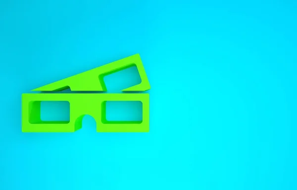 Значок зеленых 3D очков выделен на синем фоне. Концепция минимализма. 3D-рендеринг — стоковое фото