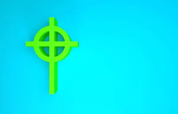 青の背景に緑色のクリスチャンクロスアイコン。教会の十字架。最小限の概念。3Dイラスト3Dレンダリング — ストック写真