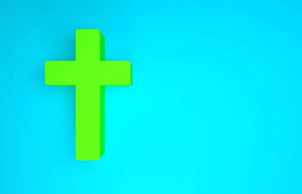 Grünes christliches Kreuz auf blauem Hintergrund. Kirchenkreuz. Minimalismus-Konzept. 3D Illustration 3D Renderer — Stockfoto