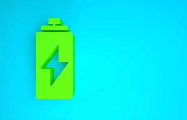Зеленый значок батареи выделен на синем фоне. Символ молнии. Концепция минимализма. 3D-рендеринг — стоковое фото