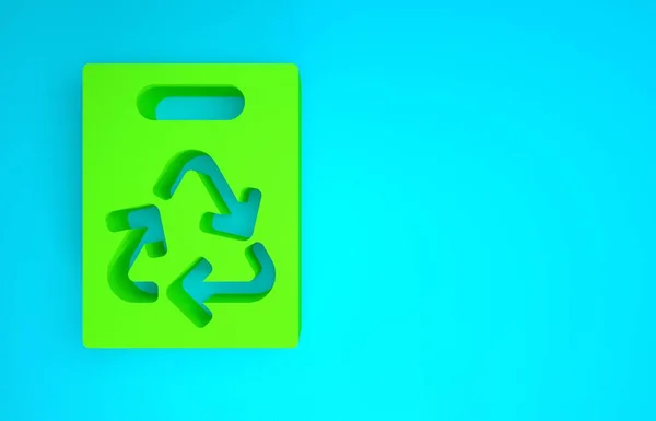녹색 종이 쇼핑 가방과 재활용 아이콘이 파란색 배경에 분리되어 있습니다. 재활용 상징으로 바그. 미니멀리즘의 개념입니다. 3d 삽화 3D 렌더링 — 스톡 사진