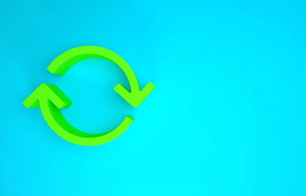 Zöld Frissítés ikon elszigetelt kék háttérrel. Töltés szimbólum. Forgó nyilak egy kör jel. Minimalizmus koncepció. 3d illusztráció 3d render — Stock Fotó