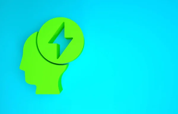 Зеленая человеческая голова и электрический символ, выделенный на синем фоне. Концепция минимализма. 3D-рендеринг — стоковое фото