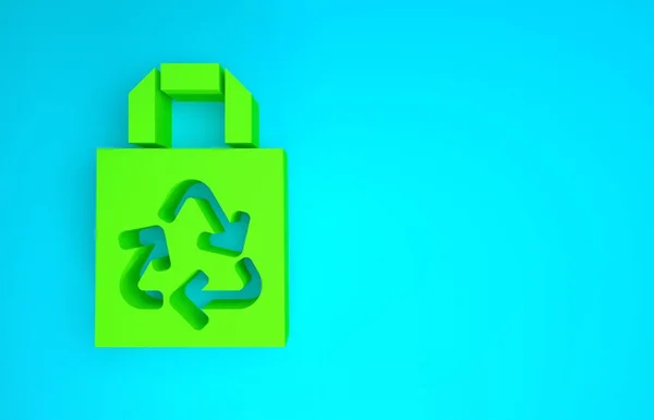 Zielona księga torba na zakupy z ikoną recyklingu izolowane na niebieskim tle. Torba z symbolem recyklingu. Koncepcja minimalizmu. Ilustracja 3D 3D renderowania — Zdjęcie stockowe