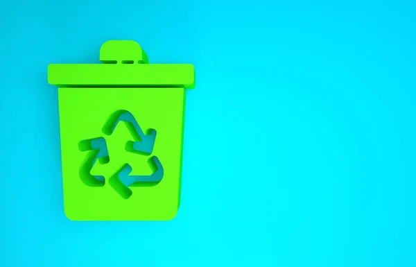 Grüner Papierkorb mit Recycling-Symbol auf blauem Hintergrund. Mülleimer-Symbol. Mülleimer-Schild. Papierkorb-Schild. Minimalismus-Konzept. 3D Illustration 3D Renderer — Stockfoto