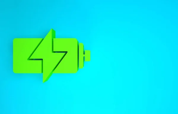 Зеленый значок батареи выделен на синем фоне. Символ молнии. Концепция минимализма. 3D-рендеринг — стоковое фото
