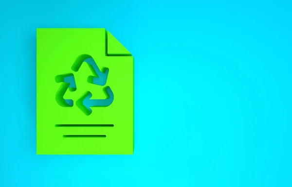 Kertas hijau dengan ikon daur ulang terisolasi dengan latar belakang biru. Konsep minimalisme. Tampilan 3D ilustrasi 3d — Stok Foto