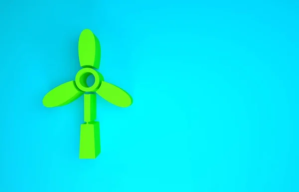 青の背景に分離された緑色の風力タービンアイコン。風力発電機の標識。電力生産のための風車。最小限の概念。3Dイラスト3Dレンダリング — ストック写真