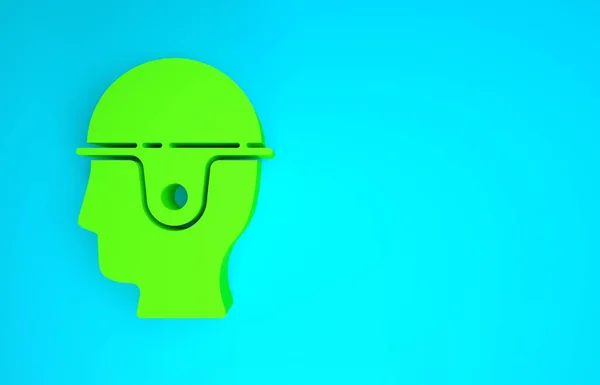 Зелений шолом робочої безпеки ізольований на синьому фоні. Концепція мінімалізму. 3D-рендеринг — стокове фото