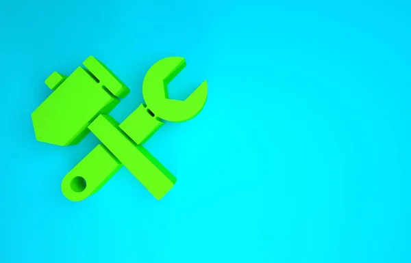 Grön Crossed hammare och skiftnyckel ikonen isolerad på blå bakgrund. Verktyg för hårdvara. Minimalistiskt koncept. 3D-återgivning för 3D — Stockfoto