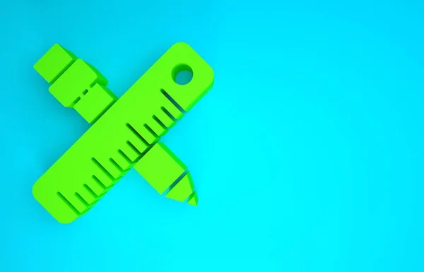 Green Crossed ruler and pencil icon isolated on blue background. Straightedge symbol. Drawing and educational tools. Minimalism concept. 3d illustration 3D render