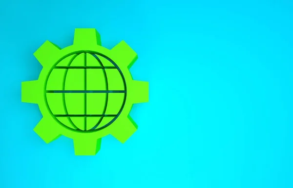 Green Globe of the Earth és fogaskerék vagy fogaskerék ikon elszigetelt kék háttérrel. Paraméterek beállítása. Globális lehetőségek. Minimalizmus koncepció. 3d illusztráció 3D render — Stock Fotó