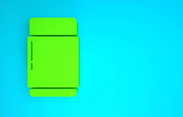Πράσινη γόμα ή λαστιχένιο εικονίδιο που απομονώνεται σε μπλε φόντο. Μινιμαλιστική έννοια. 3d απεικόνιση 3D καθιστούν — Φωτογραφία Αρχείου