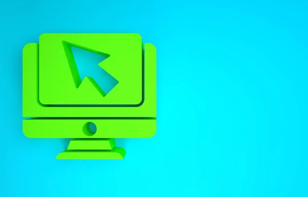 Green Computer monitor and cursor icon isolated on blue background. Computer notebook with empty screen sign. Minimalism concept. 3d illustration 3D render