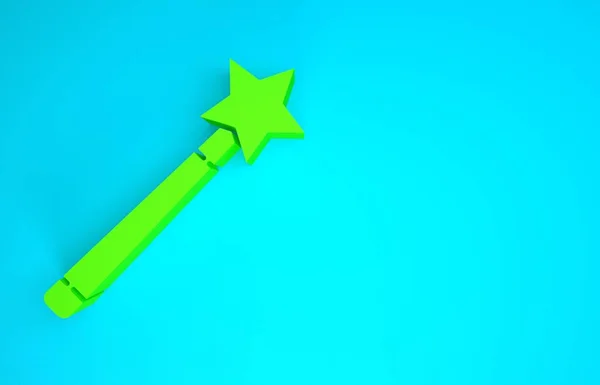 Ikona zielonej różdżki odizolowana na niebieskim tle. Magiczny dodatek w kształcie gwiazdy. Magiczna moc. Koncepcja minimalizmu. Ilustracja 3D 3D renderowania — Zdjęcie stockowe