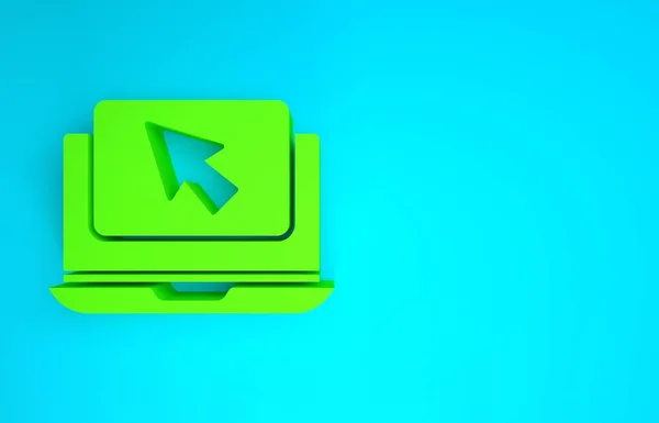 Зелений ноутбук і значок курсора ізольовані на синьому фоні. Комп'ютерний ноутбук з порожнім значком екрана. Концепція мінімалізму. 3D ілюстрація 3D рендеринга — стокове фото