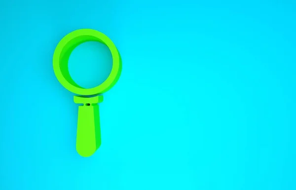 Zielona ikona szkła powiększającego odizolowana na niebieskim tle. Wyszukiwanie, skupienie, zoom, symbol biznesu. Koncepcja minimalizmu. Ilustracja 3D 3D renderowania — Zdjęcie stockowe