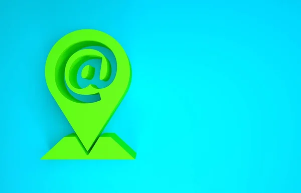 Localização verde e ícone de e-mail e e-mail isolado no fundo azul. Envelope símbolo e-mail. E-mail sinal de mensagem. Conceito de minimalismo. 3D ilustração 3D render — Fotografia de Stock