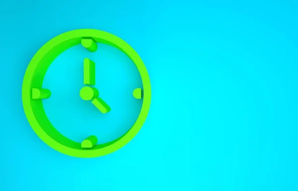 Zöld óra ikon elszigetelt kék háttérrel. Idő szimbólum. Minimalizmus koncepció. 3d illusztráció 3D render — Stock Fotó