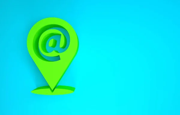 Localização verde e ícone de e-mail e e-mail isolado no fundo azul. Envelope símbolo e-mail. E-mail sinal de mensagem. Conceito de minimalismo. 3D ilustração 3D render — Fotografia de Stock