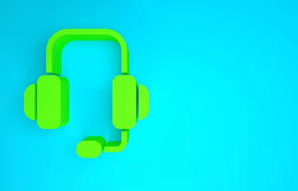 Grünes Kopfhörersymbol isoliert auf blauem Hintergrund. Support Kundenservice, Hotline, Call Center, Faq, Wartung. Minimalismus-Konzept. 3D Illustration 3D Renderer — Stockfoto