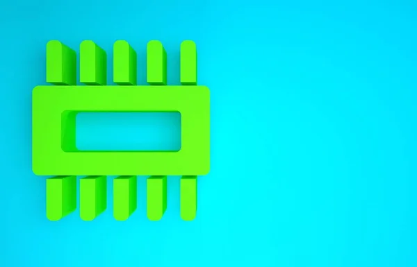 绿色计算机处理器,微电路CPU图标,蓝色背景隔离.芯片或cpu与电路板。微处理器。最低纲领的概念。3D渲染3D插图 — 图库照片