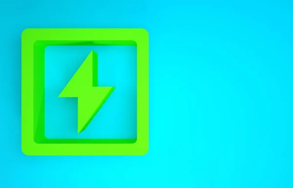 Grünes Blitz-Symbol isoliert auf blauem Hintergrund. Blinkzeichen. Laden Sie Flash-Symbol. Blitzschlag. Blitzschlag. Minimalismus-Konzept. 3D Illustration 3D Renderer — Stockfoto