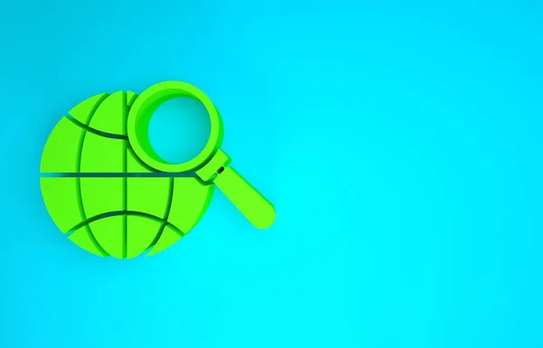 Groen Vergrootglas met bol pictogram geïsoleerd op blauwe achtergrond. De wereld analyseren. Wereldwijd zoekteken. Minimalisme concept. 3d illustratie 3D renderen — Stockfoto
