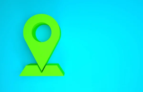 Groene kaart pin pictogram geïsoleerd op blauwe achtergrond. Navigatie, wijzer, locatie, kaart, GPS, richting, plaats, kompas, zoekconcept. Minimalisme concept. 3d illustratie 3D renderen — Stockfoto