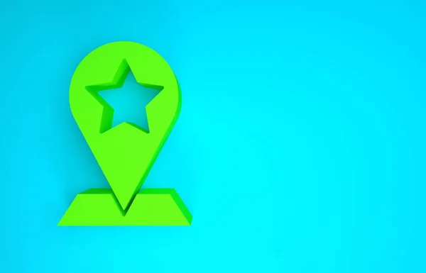 Ponteiro de mapa verde com ícone de estrela isolado no fundo azul. ícone de mapa de pino favorito estrela. Marcadores de mapa. Conceito de minimalismo. 3D ilustração 3D render — Fotografia de Stock