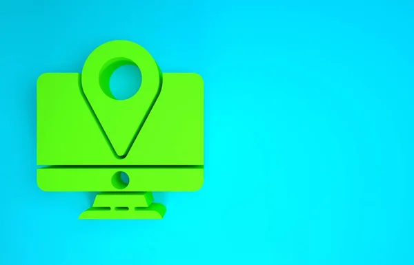 Monitor de computador verde e mapa dobrado com ícone de marcador de localização isolado no fundo azul. Conceito de minimalismo. 3D ilustração 3D render — Fotografia de Stock
