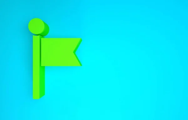 Zöld zászló ikon elszigetelt kék háttérrel. Helymeghatározó szimbólum. Minimalizmus koncepció. 3d illusztráció 3D render — Stock Fotó