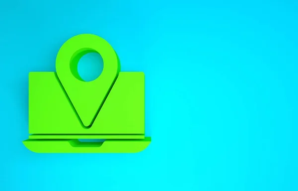 Laptop verde com ícone marcador de localização isolado no fundo azul. Conceito de minimalismo. 3D ilustração 3D render — Fotografia de Stock