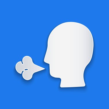 Kağıt kesiği öksürük ikonu mavi arka planda izole edilmiş. Viral enfeksiyon, grip, grip, soğuk algınlığı semptomları. Tüberküloz, kabakulak, boğmaca. Kağıt sanatı tarzı. Vektör İllüstrasyonu.