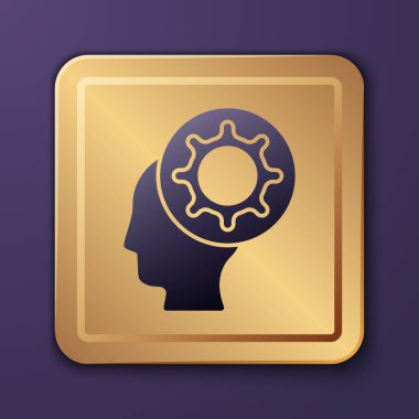 Mor insan ve virüs ikonu mor arka planda izole edilmiş. Corona virüsü 2019-nCoV. Bakteri ve mikroplar, hücre kanseri, mikrop, mantar. Altın kare düğme. Vektör İllüstrasyonu