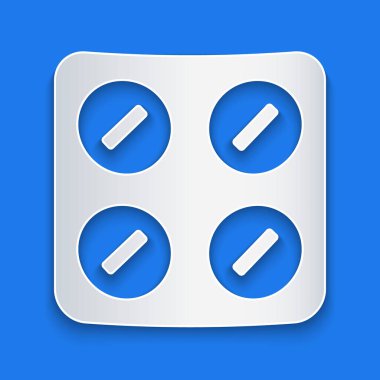 Kağıt kesiği haplar mavi arka planda izole edilmiş. İlaç paketi. Tablet, vitamin, antibiyotik, aspirin. Kağıt sanatı tarzı. Vektör İllüstrasyonu