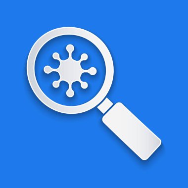 Kağıt, mavi arka planda izole edilmiş büyüteç simgesi altında Virüs 'ü kesti. Corona virüsü 2019-nCoV. Bakteriler, mikroplar, mantarlar. Kağıt sanatı tarzı. Vektör İllüstrasyonu