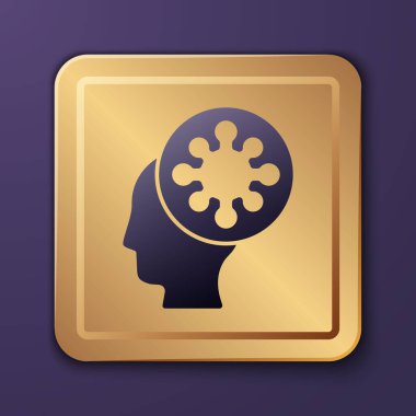 Mor insan ve virüs ikonu mor arka planda izole edilmiş. Corona virüsü 2019-nCoV. Bakteri ve mikroplar, hücre kanseri, mikrop, mantar. Altın kare düğme. Vektör İllüstrasyonu