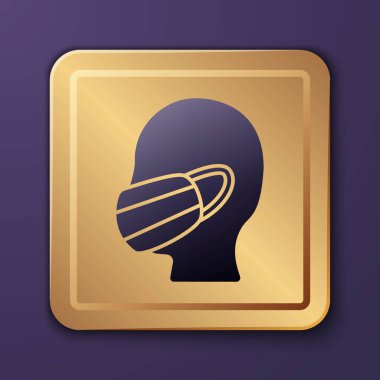 Mor arka planda izole edilmiş bir tıbbi koruyucu maske ikonu içindeki mor adam yüzü. Karantinaya alın. Altın kare düğme. Vektör İllüstrasyonu