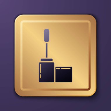 Mor Mascara fırça ikonu mor arkaplanda izole edilmiş. Altın kare düğme. Vektör İllüstrasyonu