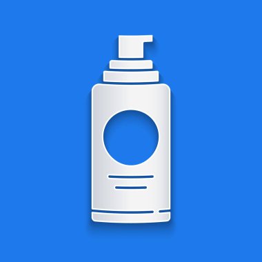 Saç spreyi için kağıt kesiği sprey kutusu, deodorant, terleme önleyici ikon mavi arka planda izole edilmiş. Kağıt sanatı tarzı. Vektör İllüstrasyonu