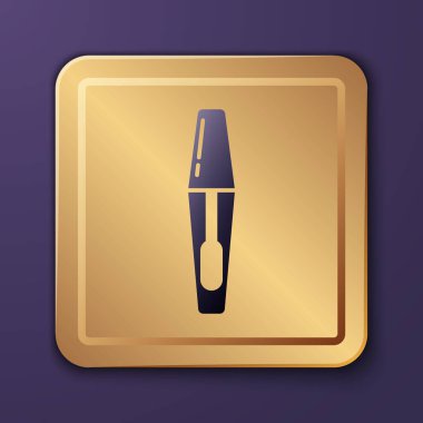 Mor Mascara fırça ikonu mor arkaplanda izole edilmiş. Altın kare düğme. Vektör İllüstrasyonu
