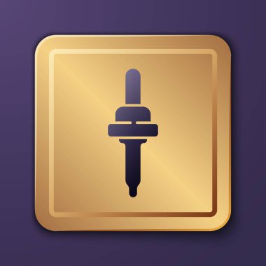 Mor Pipette simgesi mor arkaplanda izole edilmiş. Tıbbi, kozmetik, kimya laboratuvarı ekipmanları. Altın kare düğme. Vektör İllüstrasyonu