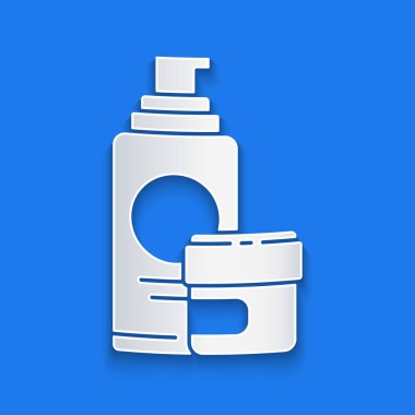 Kağıt kesiği krem ya da losyon kozmetik tüp ikonu mavi arka planda izole edilmiş. Erkekler için vücut bakım ürünleri. Kağıt sanatı tarzı. Vektör İllüstrasyonu