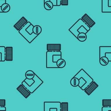 Siyah çizgi ilaç şişesi ve ilaç ikonu yeşil arka planda izole edilmiş kusursuz desen. Şişe hapı işareti. Eczane tasarımı. Vektör İllüstrasyonu