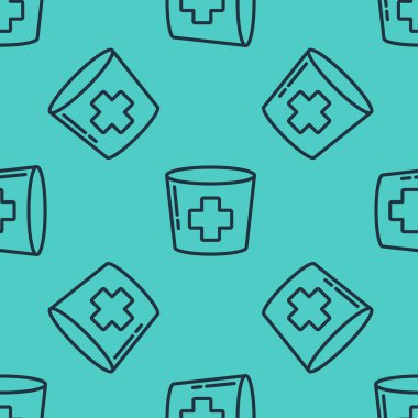 Siyah çizgili hemşire şapkası ve haç simgesi yeşil arka planda izole edilmiş kusursuz desen. Tıp hemşiresi şapkası işareti. Vektör İllüstrasyonu