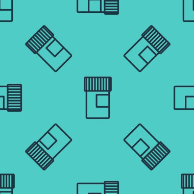 Siyah çizgi ilaç şişesi ikonu yeşil arka planda izole edilmiş pürüzsüz desen. Şişe hapı işareti. Eczane tasarımı. Vektör İllüstrasyonu