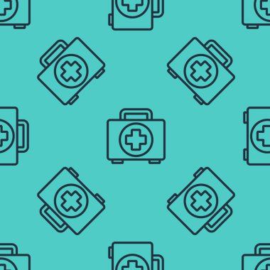 Siyah çizgi ilk yardım çantasının simgesi yeşil arkaplandaki pürüzsüz deseni izole etti. Haçlı sağlık kutusu. Acil durumlar için tıbbi ekipman. Sağlık sigortası konsepti. Vektör İllüstrasyonu