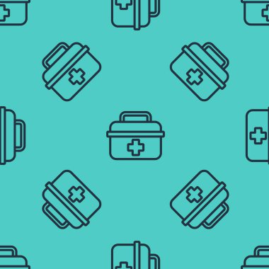 Siyah çizgi ilk yardım çantasının simgesi yeşil arkaplandaki pürüzsüz deseni izole etti. Haçlı sağlık kutusu. Acil durumlar için tıbbi ekipman. Sağlık sigortası konsepti. Vektör İllüstrasyonu
