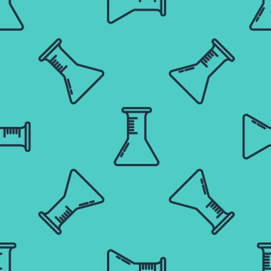 Siyah çizgi test tüpü ve matara ikonu yeşil arka planda izole edilmiş pürüzsüz desen. Kimyasal laboratuvar testi. Laboratuvar camları. Vektör İllüstrasyonu